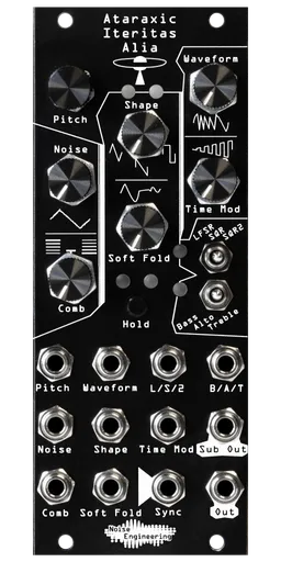 Ataraxic Iteritas Alia module in black with UFO icon. 7 knobs on top, two switches on the right, and jacks on the bottom. Oscillator platform in 10HP | Noise Engineering