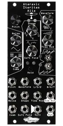 Ataraxic Iteritas Alia module in black with UFO icon. 7 knobs on top, two switches on the right, and jacks on the bottom. Oscillator platform in 10HP | Noise Engineering