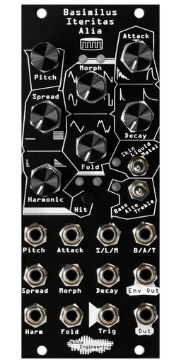 Basimilus Iteritas Alia 10HP universal percussion synth in black. 7 knobs on top with two switches below and jacks on bottom. A drum icon near the top. | Noise Engineering