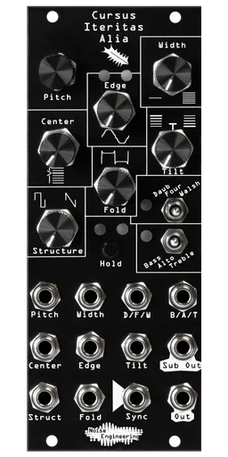 Cursus Iteritas Alia module in black with leaf icon. 7 knobs on top, two switches on the right, and jacks on the bottom. Oscillator platform in 10HP | Noise Engineering