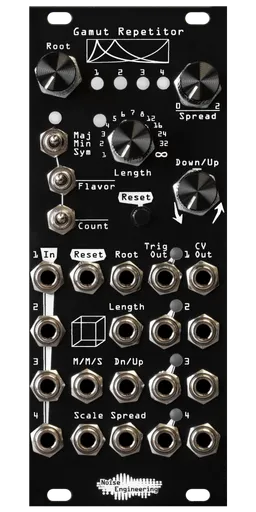 Gamut Repetitor in black. LEDs, 4 pots, 3 switches, and a momentary are at the top. 19 jacks are on the bottom with a cube graphic and LEDs for trig outs. | Noise Engineering