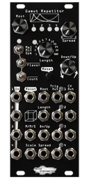 Gamut Repetitor in black. LEDs, 4 pots, 3 switches, and a momentary are at the top. 19 jacks are on the bottom with a cube graphic and LEDs for trig outs. | Noise Engineering