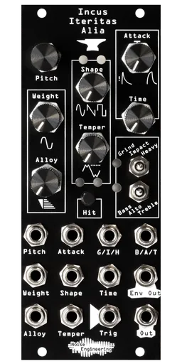 Incus Iteritas Alia module in black with anvil icon. 7 knobs on top, two switches on the right, and jacks on the bottom. Oscillator platform in 10HP | Noise Engineering
