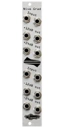 Nive Grad level shifter in silver. The top half has two input jacks with two +12 and two +24 dB outputs. The bottom has two input jacks and two -12 and two -24 dB outputs. | Noise Engineering