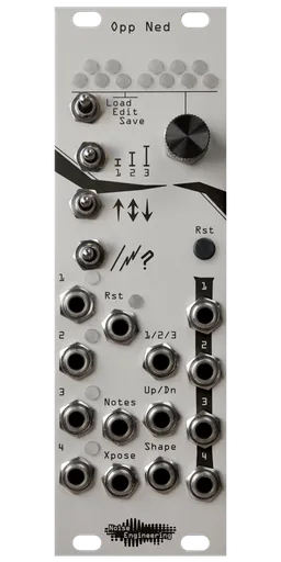 Opp Ned arpeggiator in 8HP with silver panel. 12 LEDs arranged like a piano at top. Below that, 4 switches in one column, and an encoder and button in another. 14 jacks and 5 LEDs at bottom. | Noise Engineering