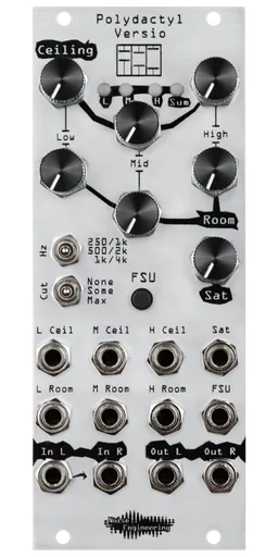 Polydactyl Versio in silver Eurorack compressor module with knobs at top and jacks at bottom. | Noise Engineering