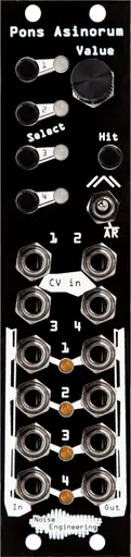 Pons Asinorum Eurorack module in black with buttons and knob at top and jacks at bottom | Noise Engineering