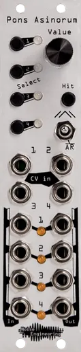 Pons Asinorum Eurorack module in silver with buttons and knob at top and jacks at bottom | Noise Engineering