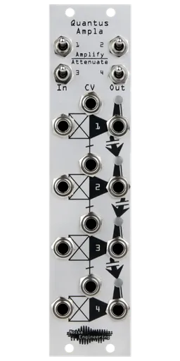 Quantus Ampla silver VCA Eurorack module with amplify/attenuate switches at top and jacks on bottom | Noise Engineering