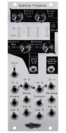 Quantus Trajecta Polyphonic envelopes made simple in 10HP silver Eurorack module with knobs and LEDs on top and jacks on bottom plus two switches and a hold button | Noise Engineering