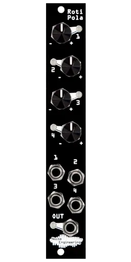 Four-input attenuverting CV mixer with four inputs and pots and one output in black | Roti Pola by Noise Engineering