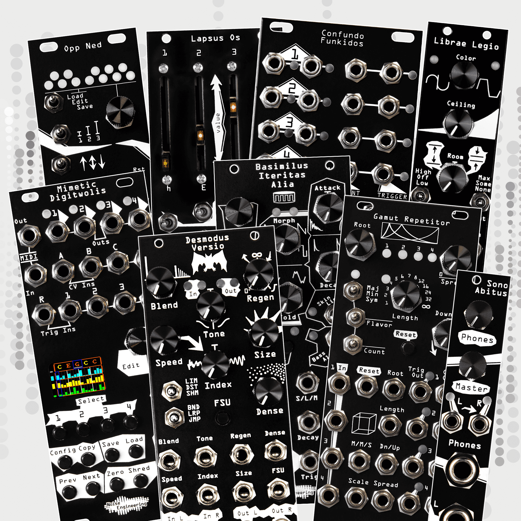 A smattering of NE modules on a background with grey dots | Noise Engineering